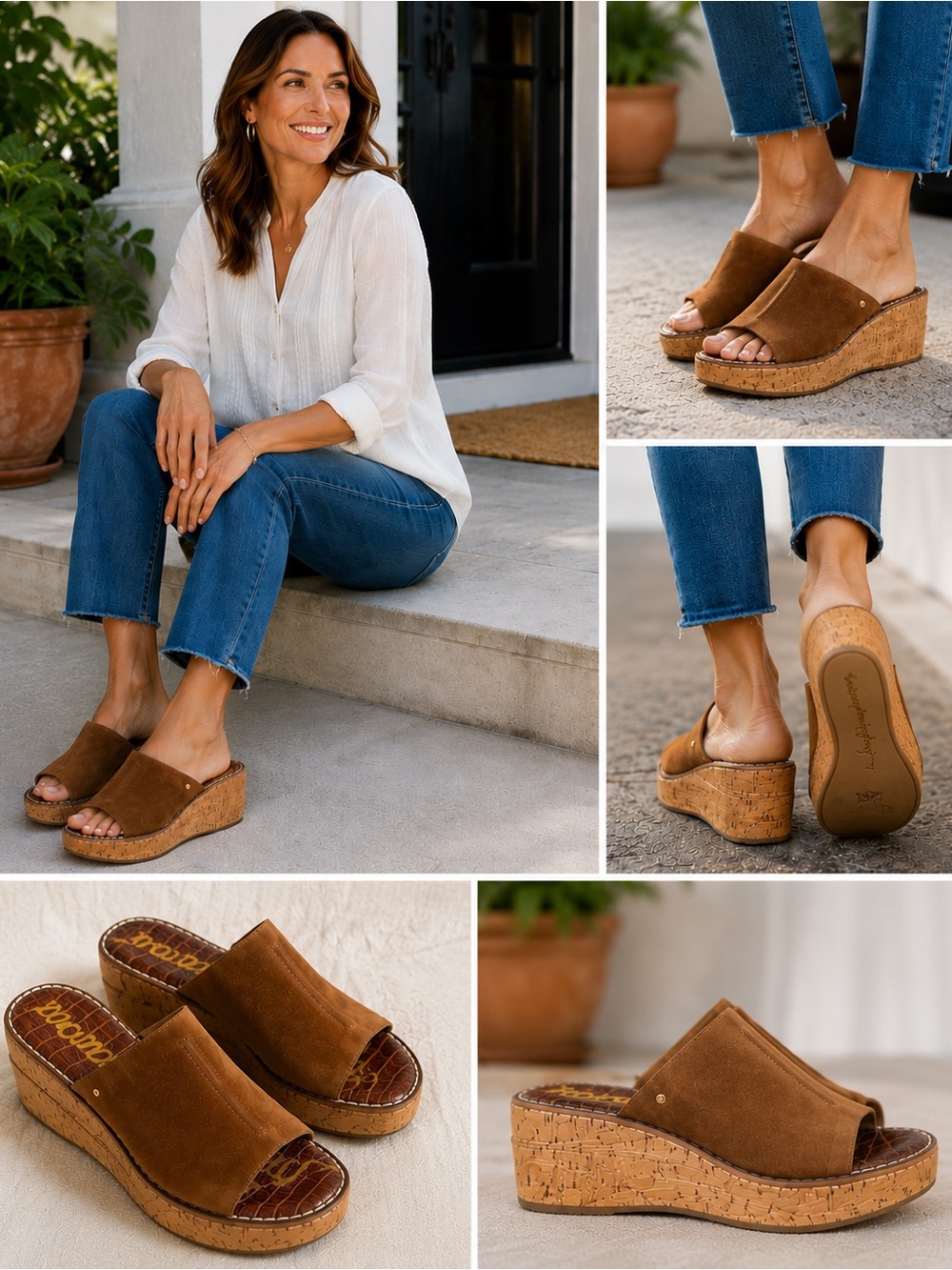 Sam Edelman Platform Suede Sandals Open Toe Mules Cork Tan Brown Wedge Size 8